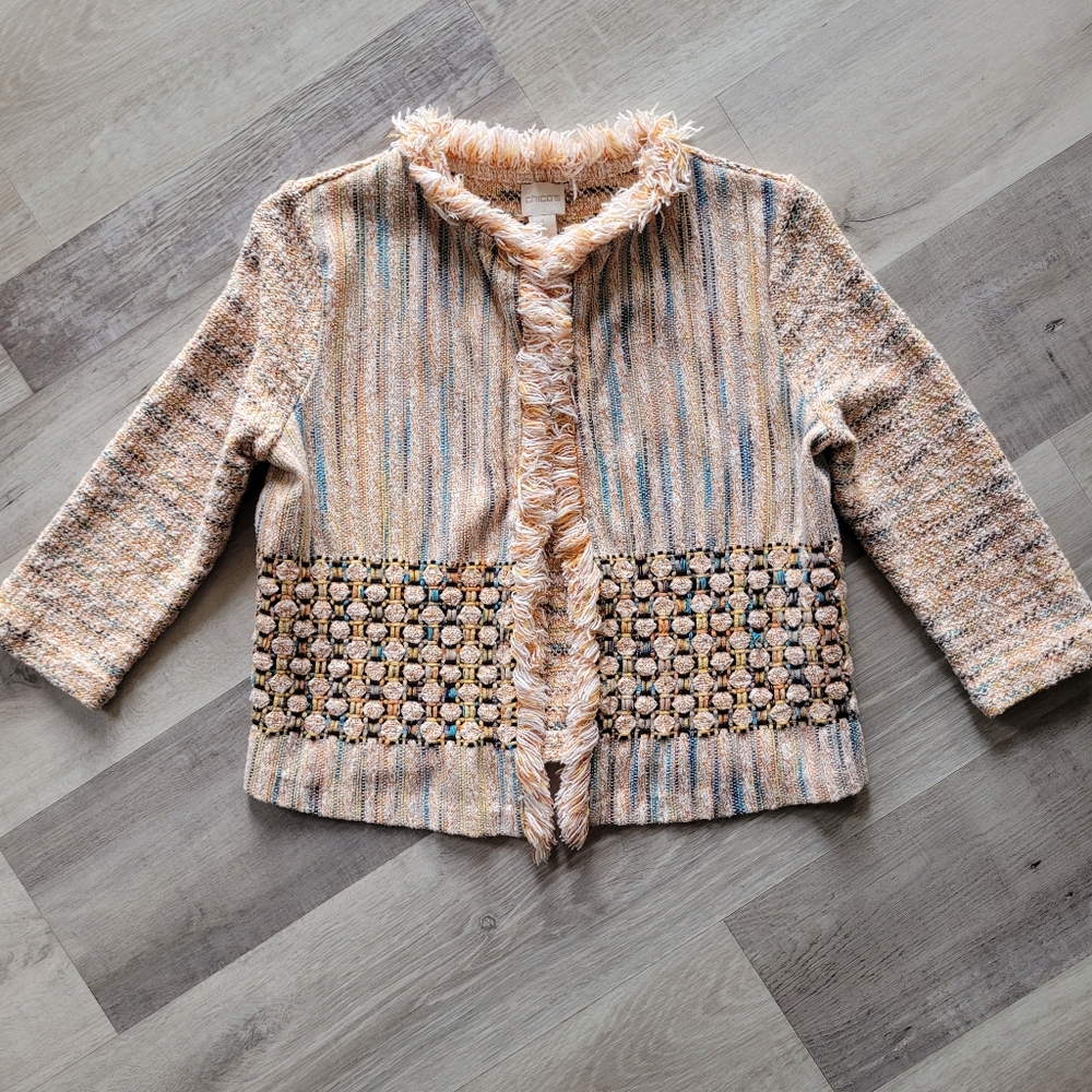 Chico's Tweed Open Cardigan Sweater Textured Boho 3/4 Sleeve Spring Sz Small